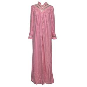 Vintage Meriville Pink Housecoat Robe Zip Granny Cottage Floral Satin Trim USA